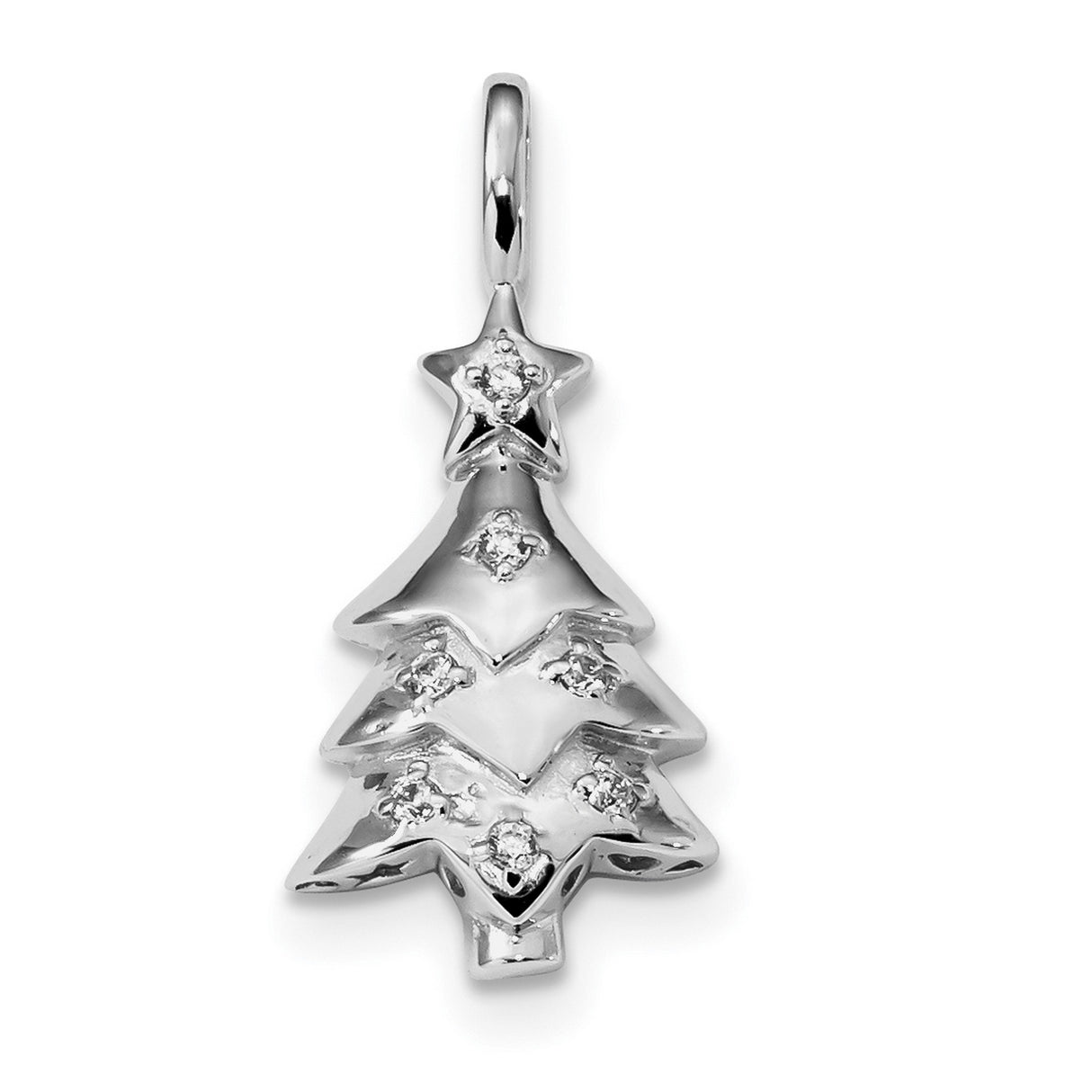 Sterling Silver Christmas Tree Pendant with Cubic Zirconia and Star Accents