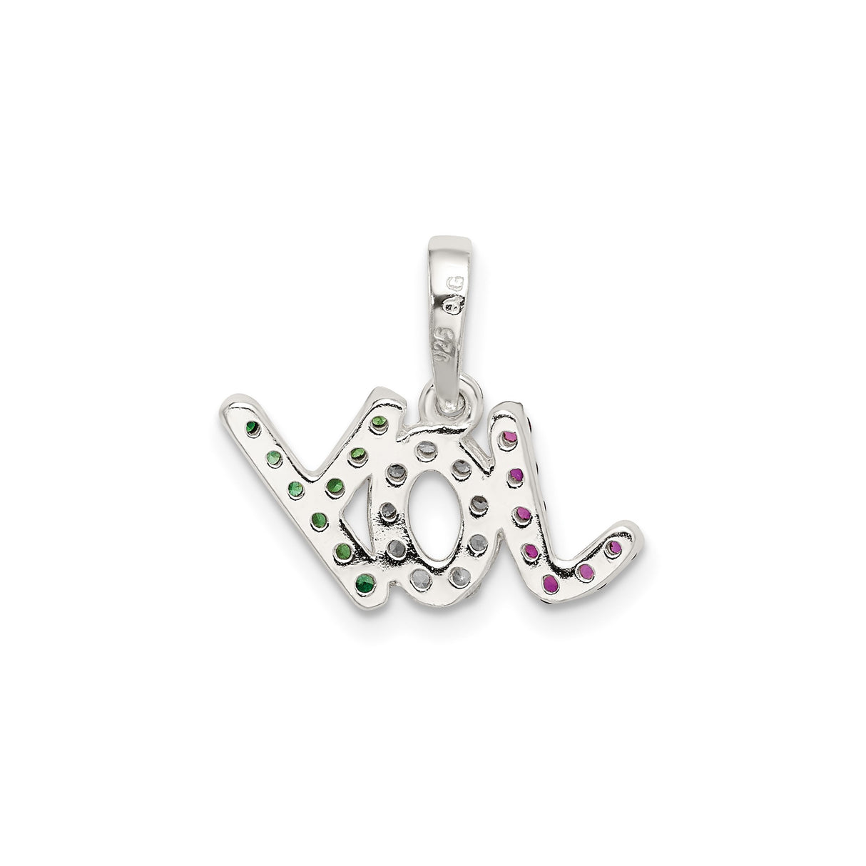 Sterling Silver Joy Pendant with Red, Green, and Clear Cubic Zirconia, Holiday Charm for Women