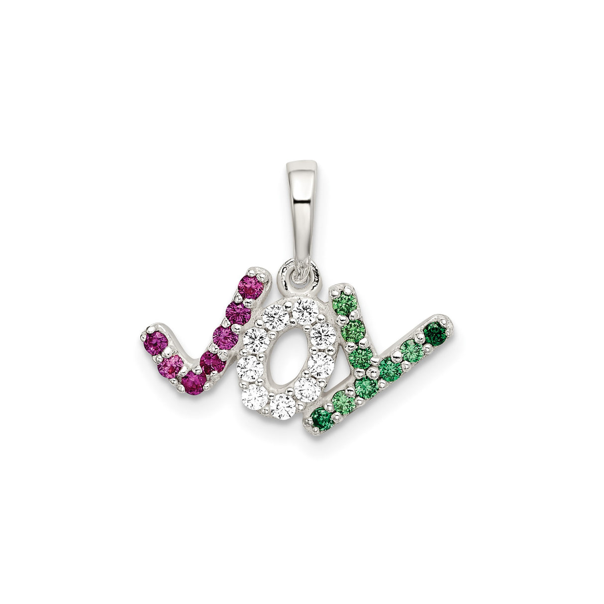 Sterling Silver Joy Pendant with Red, Green, and Clear Cubic Zirconia, Holiday Charm for Women