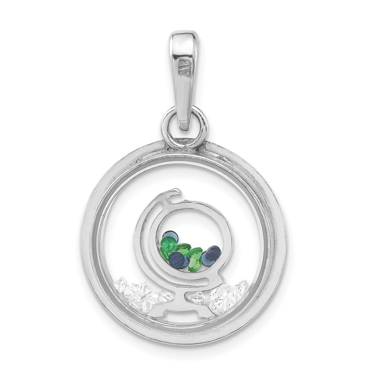 Sterling Silver Globe Pendant with Blue Green Glass Accents, World Map Openwork Design