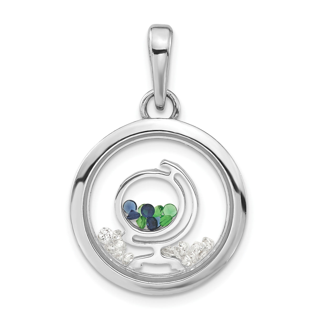 Sterling Silver Globe Pendant with Blue Green Glass Accents, World Map Openwork Design
