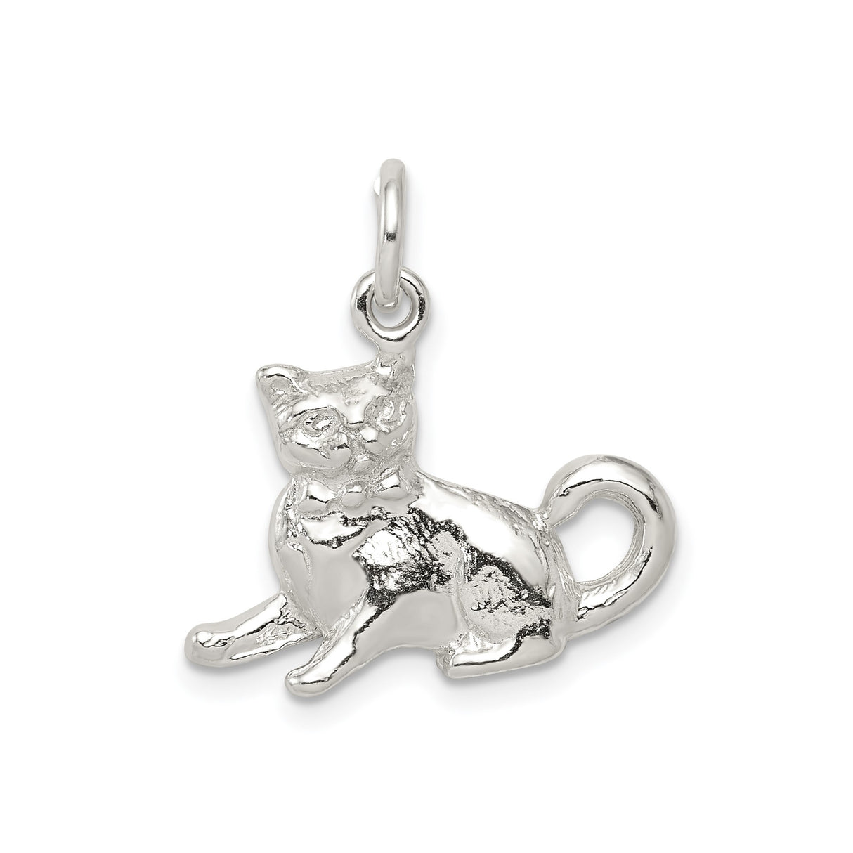 Sterling Silver Cat Charm Pendant with Bowtie, Sitting Feline Design for Women or Girls