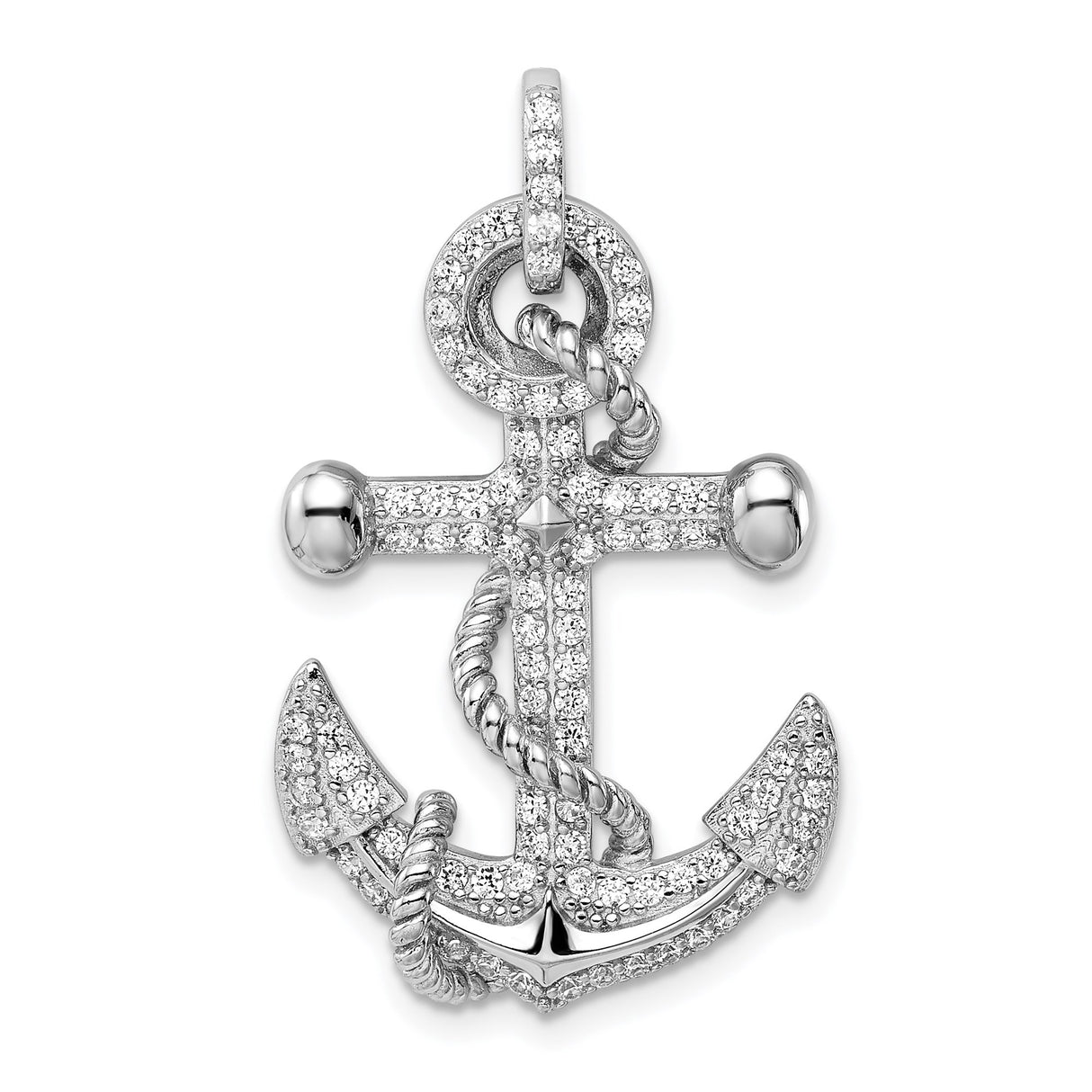 Sterling Silver Anchor Pendant with Cubic Zirconia, Twisted Rope Nautical Design