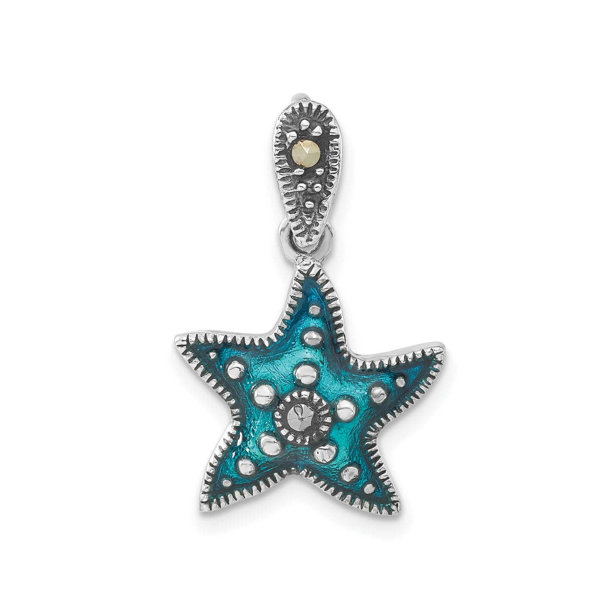 Sterling Silver Starfish Pendant with Blue Enamel, Marcasite and Crystal Accents