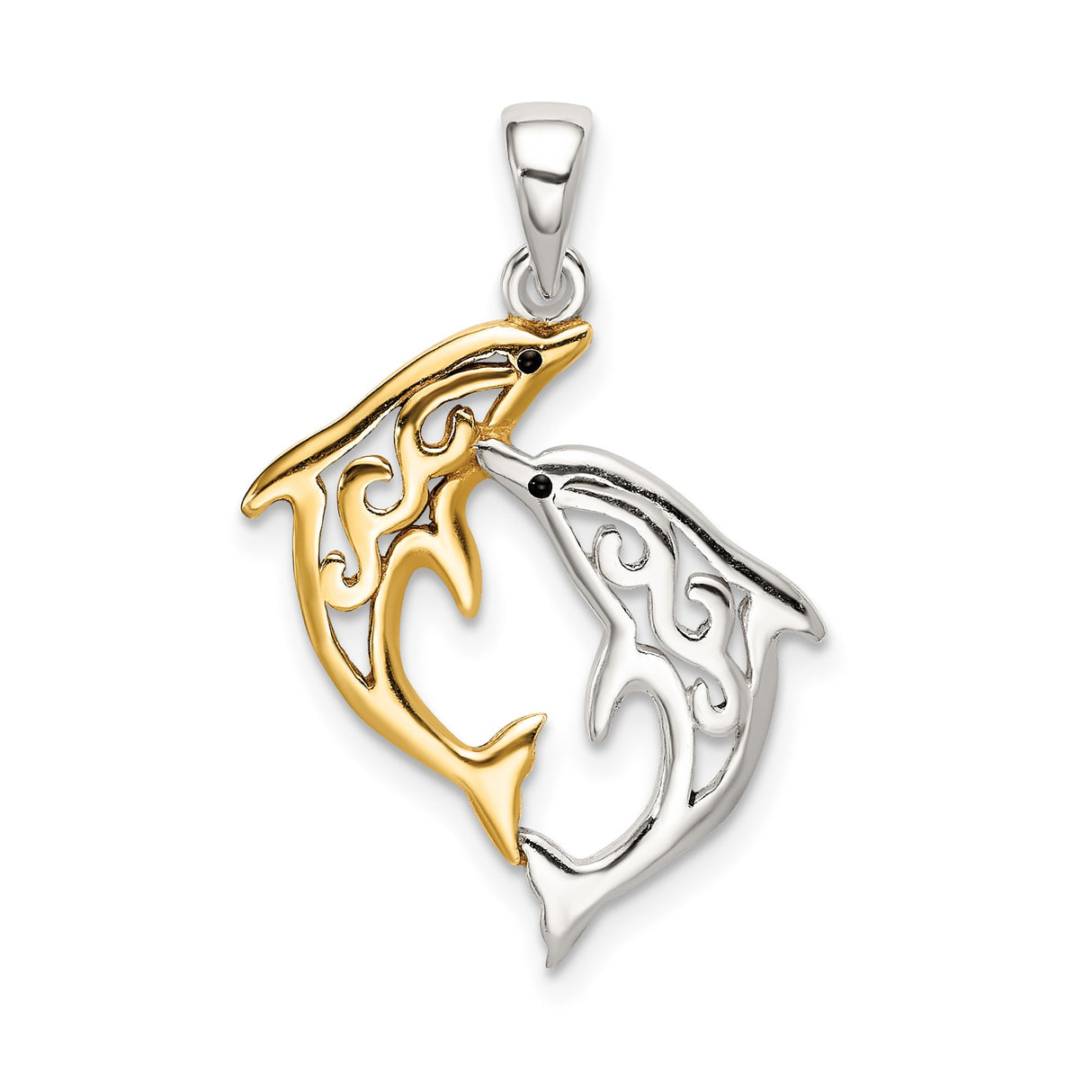 Sterling Silver Dolphin Pendant with Intertwined Silver and Gold Dolphins, Tribal Swirl Ocean Theme