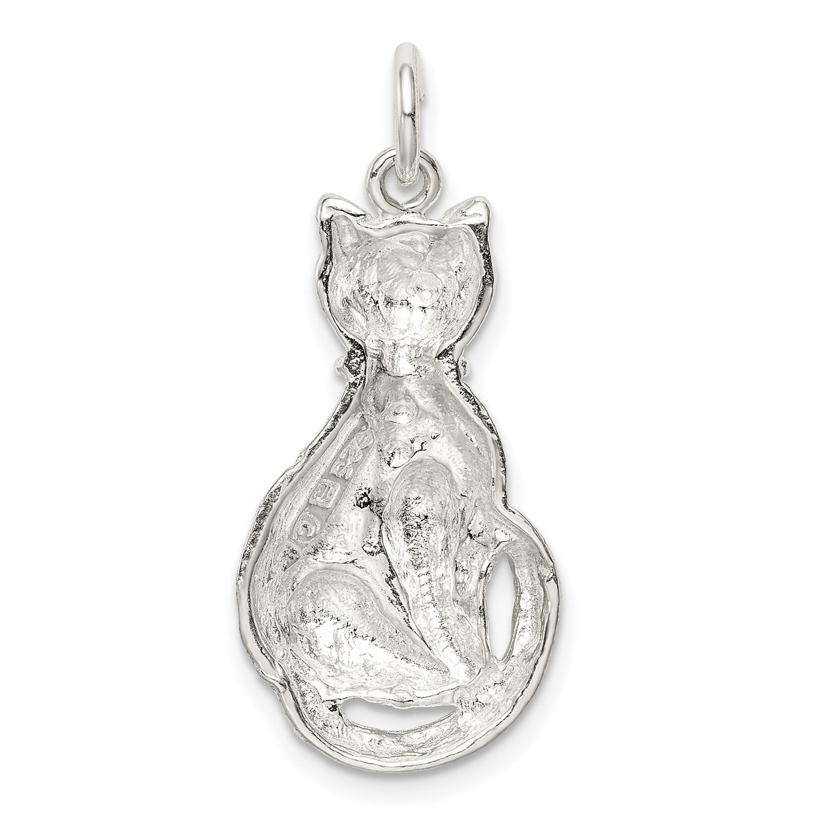 Sterling Silver Cat Pendant with Curled Tail and Textured Design, Animal Theme Charm