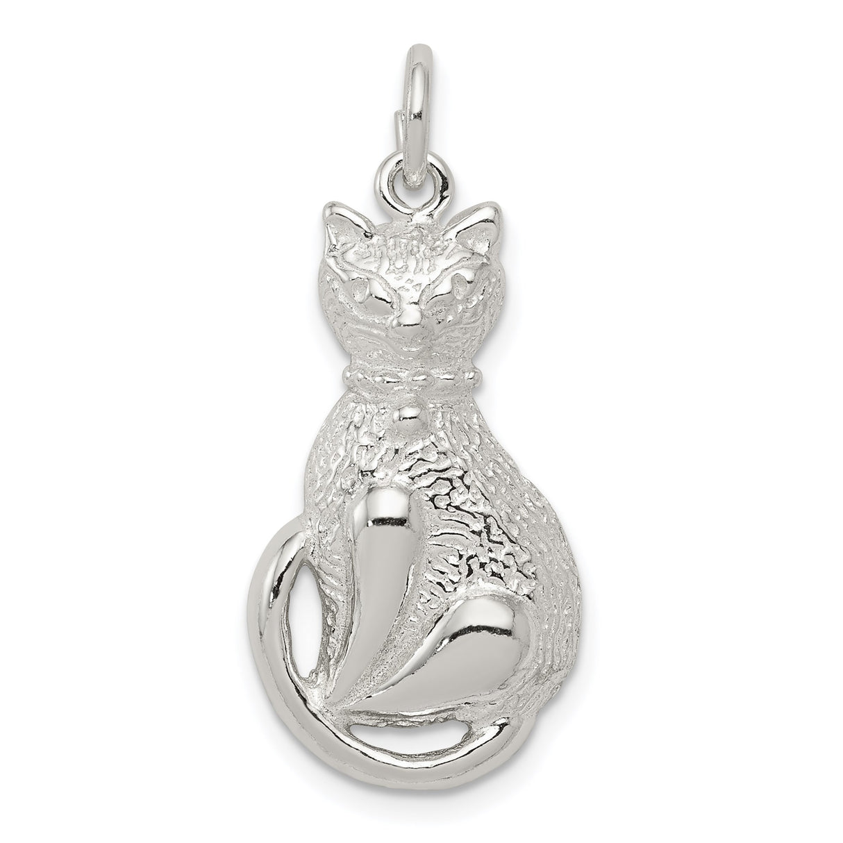 Sterling Silver Cat Pendant with Curled Tail and Textured Design, Animal Theme Charm