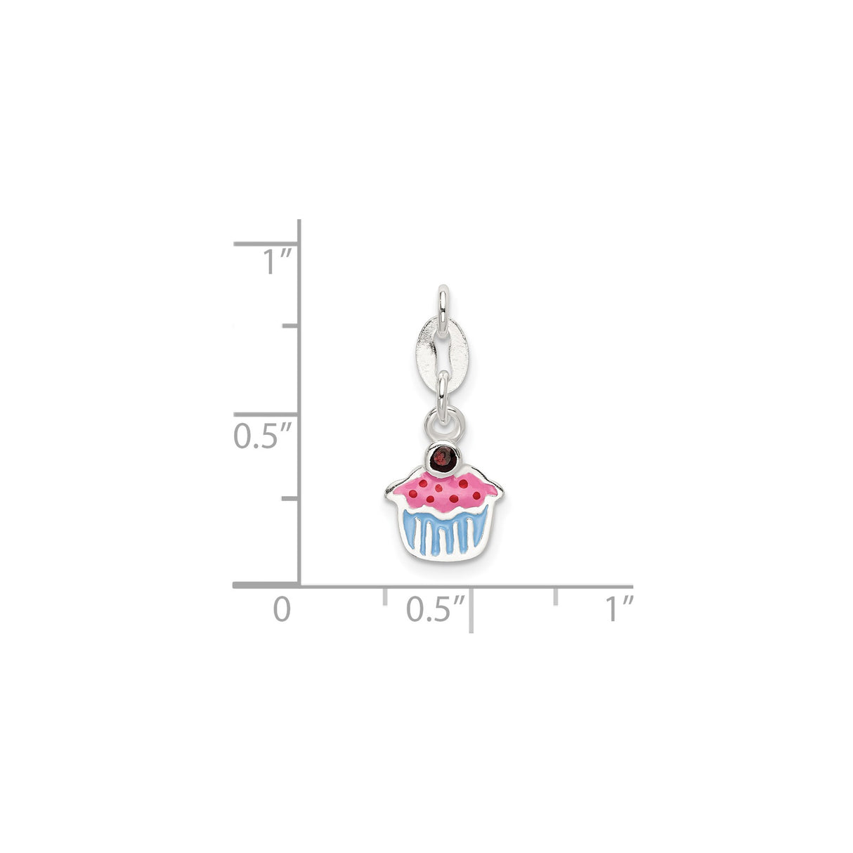 Sterling Silver Cupcake Charm with Garnet, Pink and Blue Enamel, Cherry Detail Theme