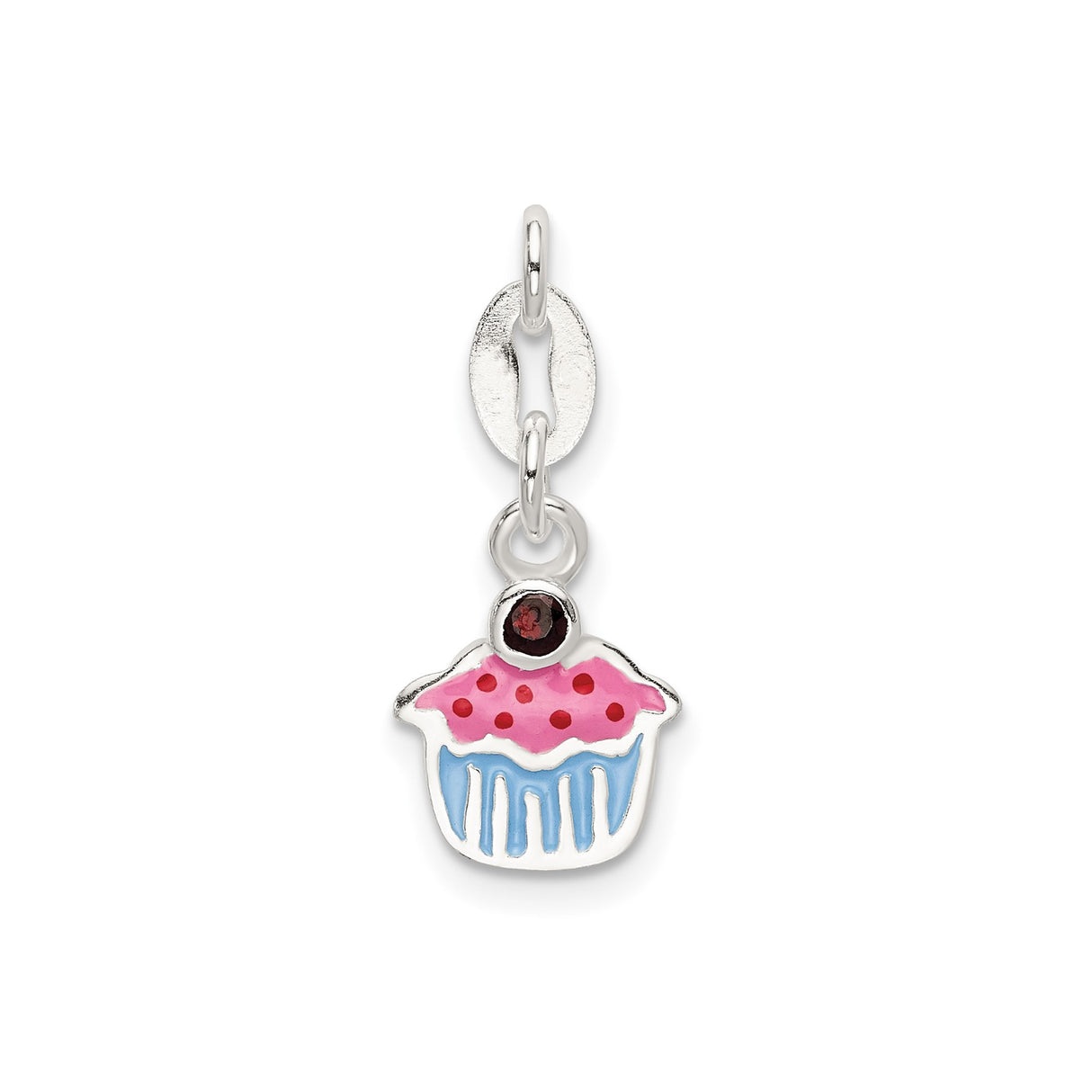 Sterling Silver Cupcake Charm with Garnet, Pink and Blue Enamel, Cherry Detail Theme