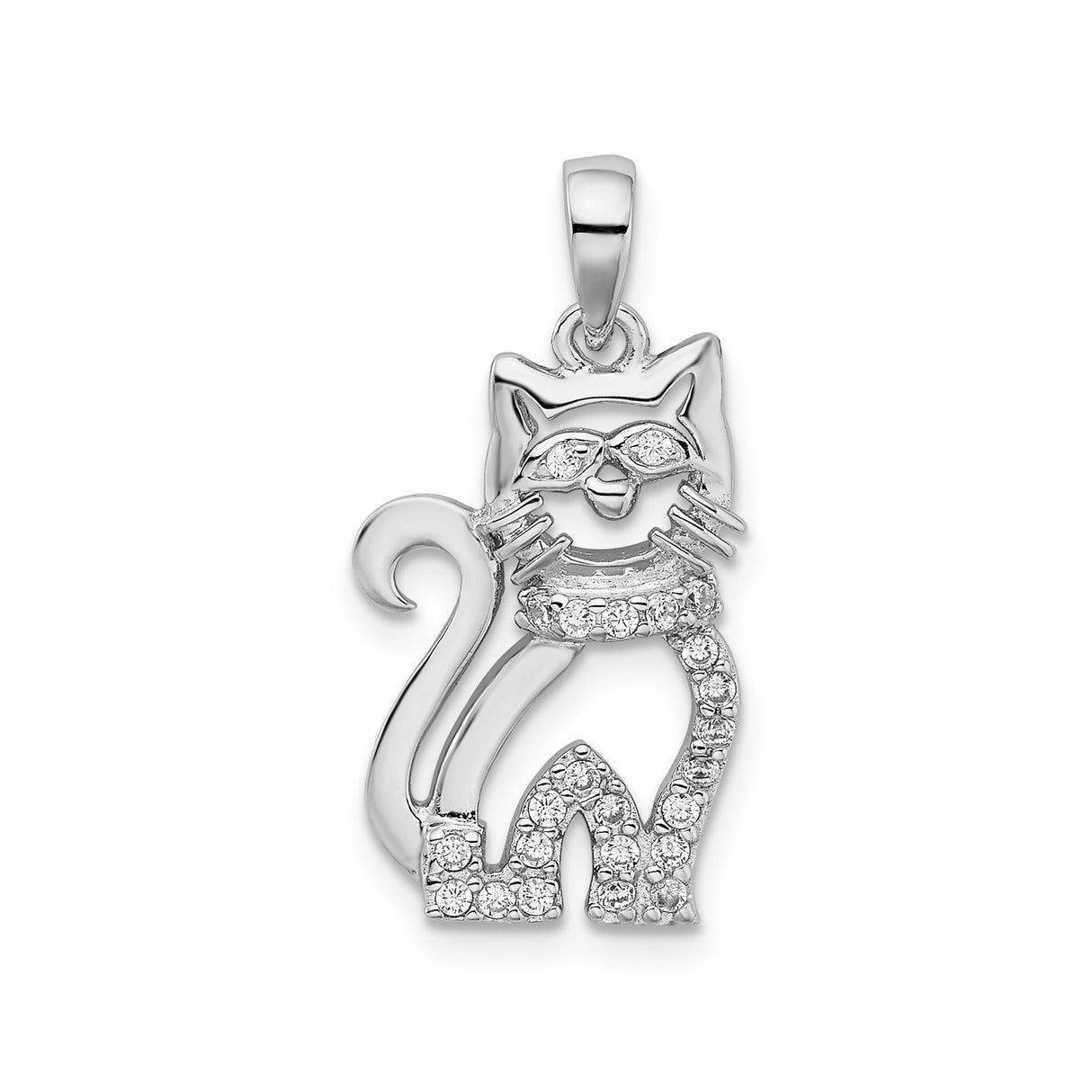Sterling Silver Cat Pendant with Cubic Zirconia, Glasses and Scarf Design, Whimsical Feline Charm