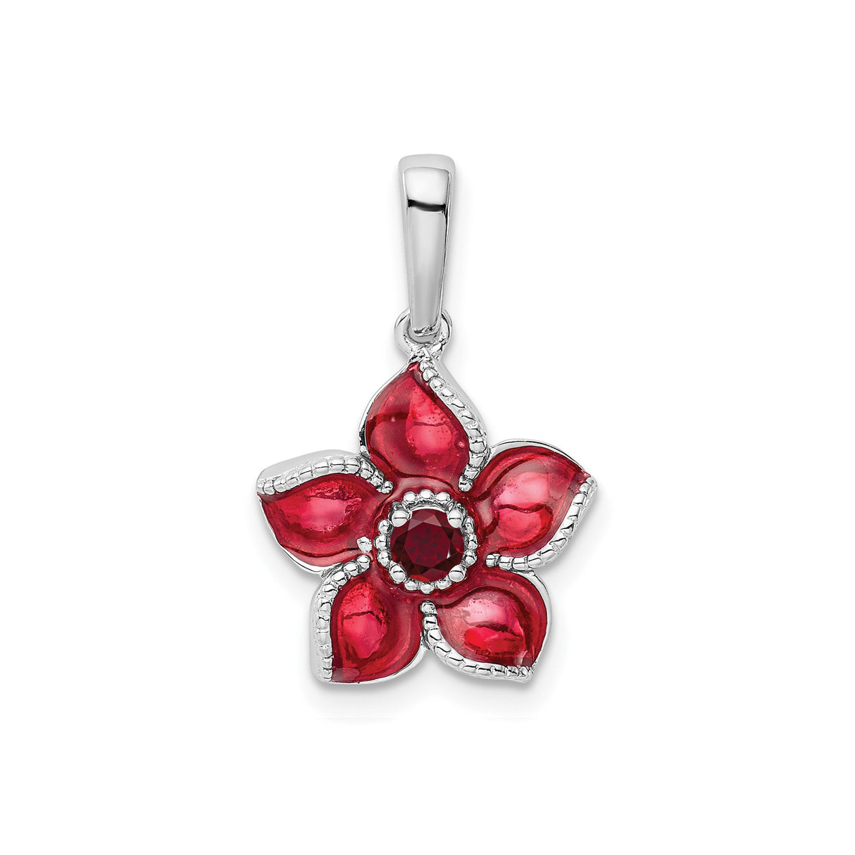 Sterling Silver Flower Pendant with Lab Created Ruby and Red Enamel Petals