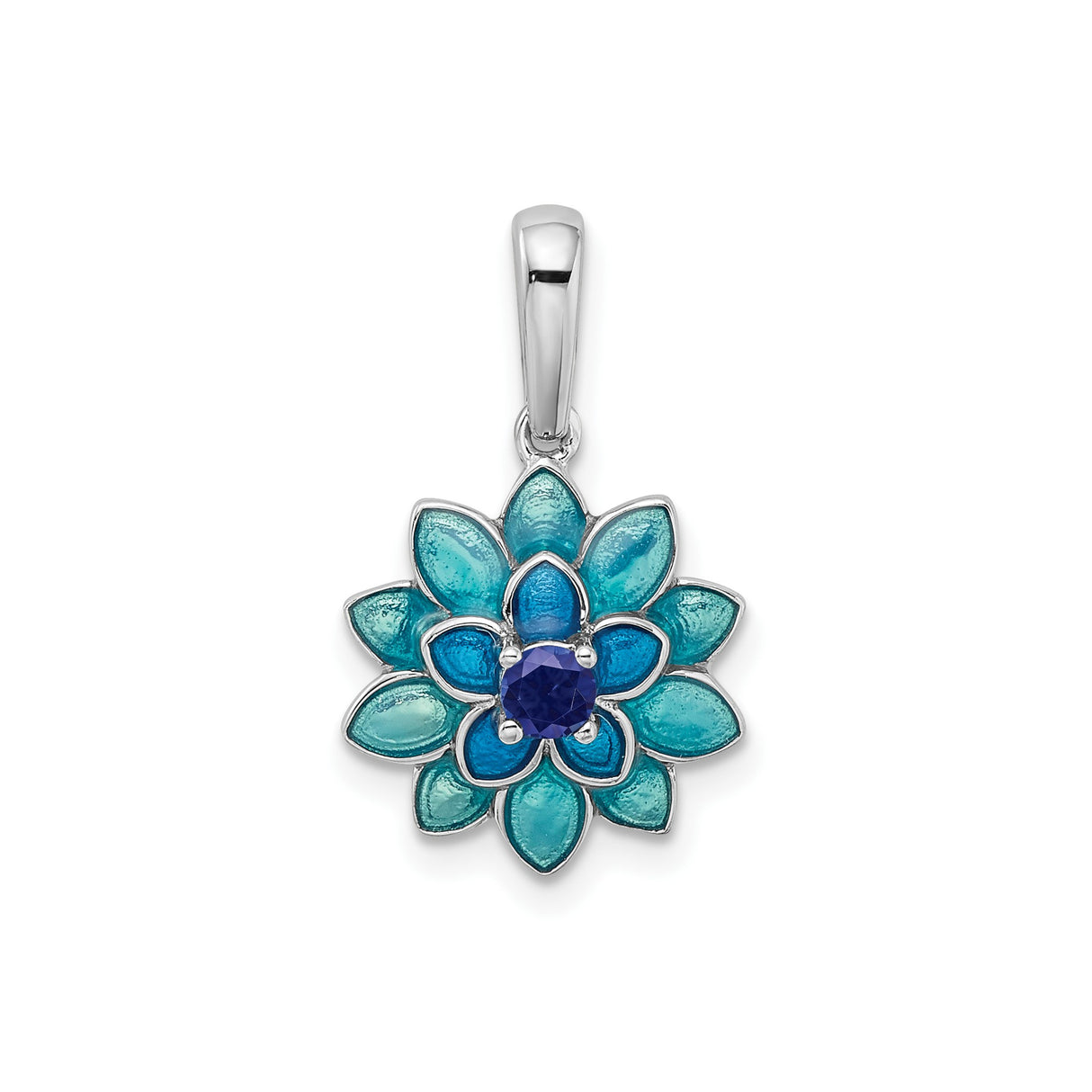 Sterling Silver Lotus Flower Pendant with Lab Created Sapphire, Blue and Turquoise Enamel