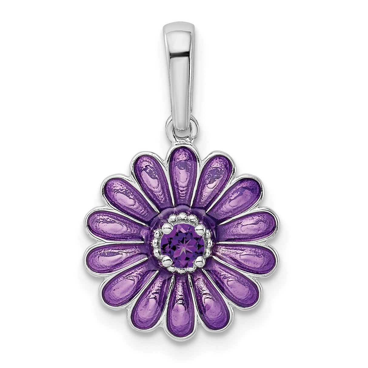 Sterling Silver Flower Pendant with Amethyst and Purple Enamel Daisy Design for Women