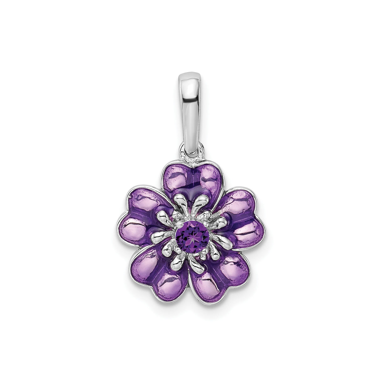 Sterling Silver Flower Pendant with Amethyst and Purple Enamel Petals, Nature-Inspired Design for Women