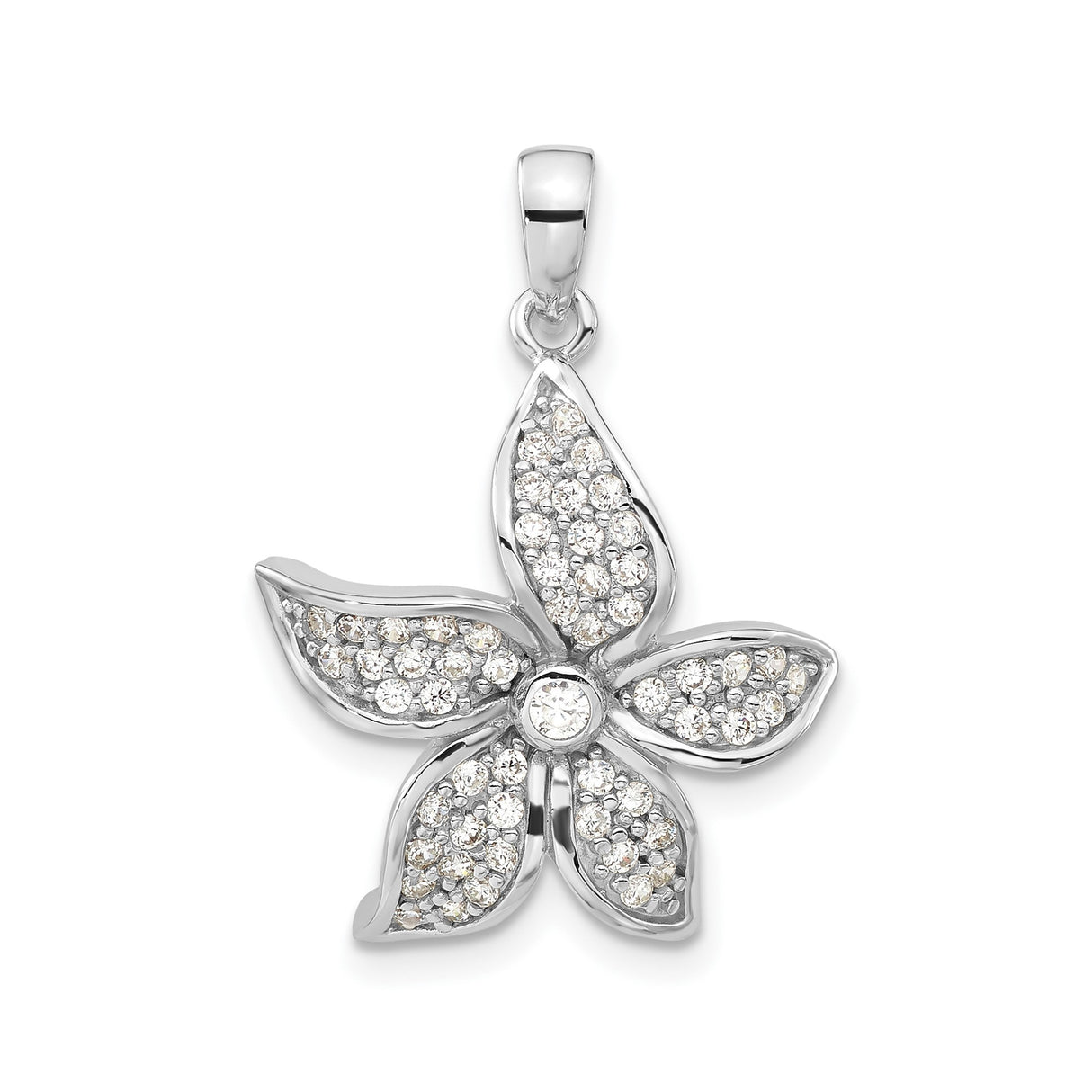 Sterling Silver Flower Pendant with Cubic Zirconia, Five Petal Design, Nature Inspired Jewelry