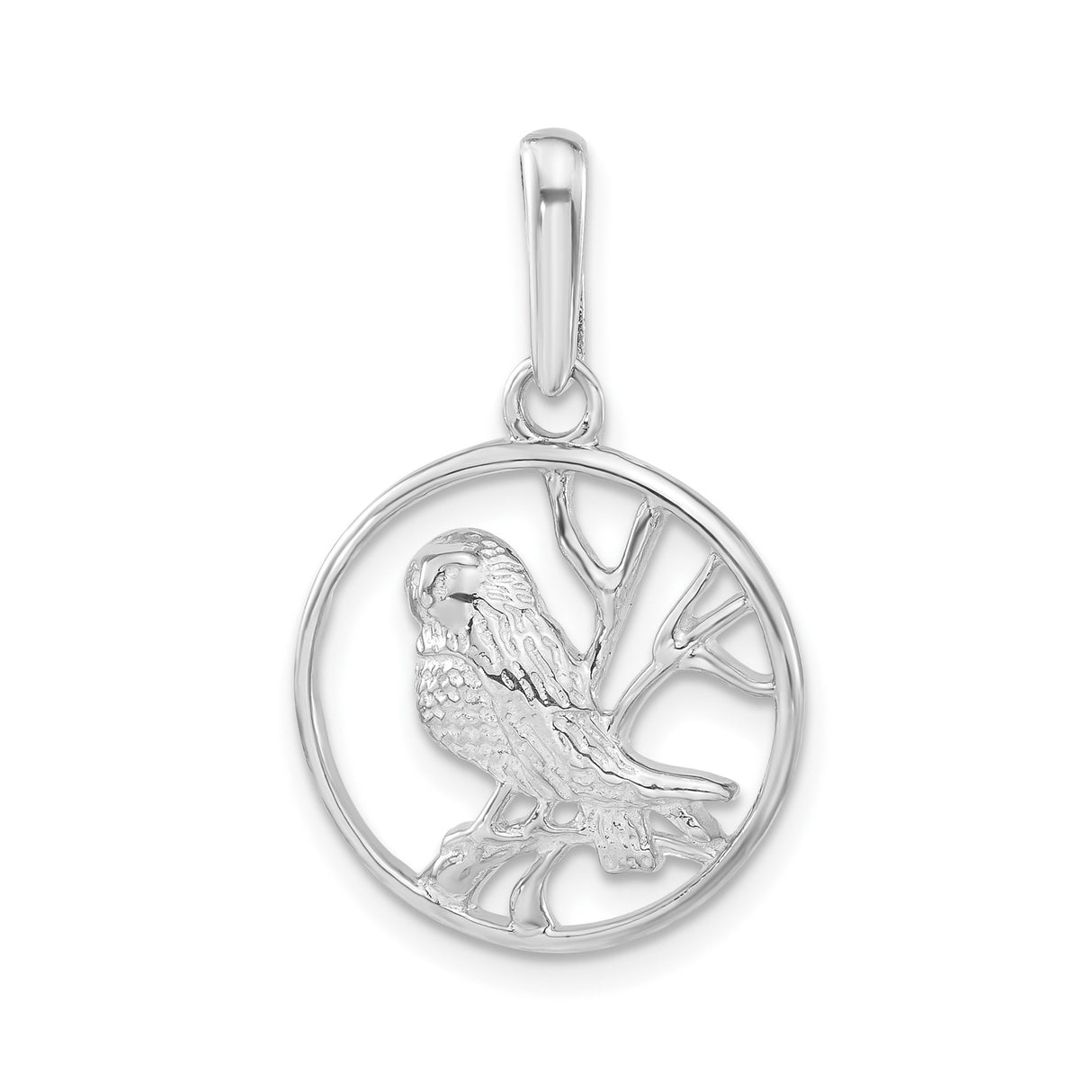 Sterling Silver Owl Pendant with Owl on Branch in Circle Frame, Nature-Inspired Animal Jewelry