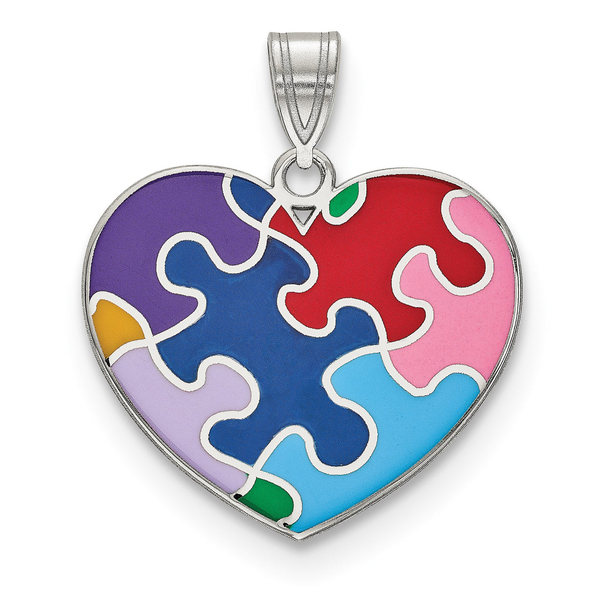 Sterling Silver Heart Pendant with Colorful Enamel Puzzle Pieces, Autism Awareness Theme
