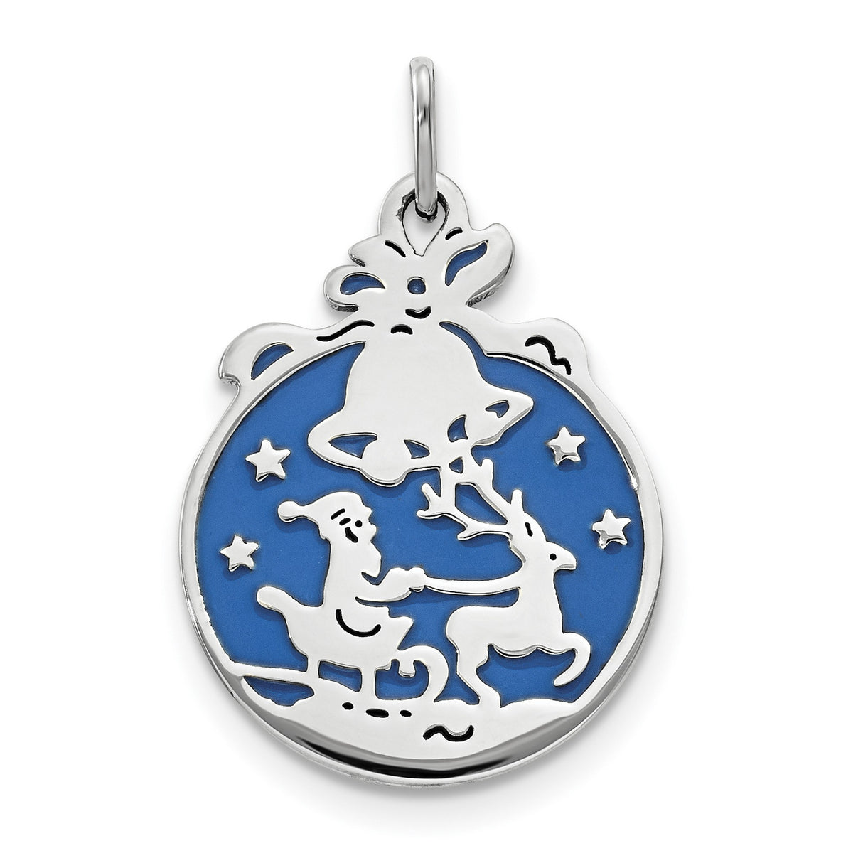 Sterling Silver Santa Sleigh Pendant with Reindeer, Blue Enamel Holiday Charm