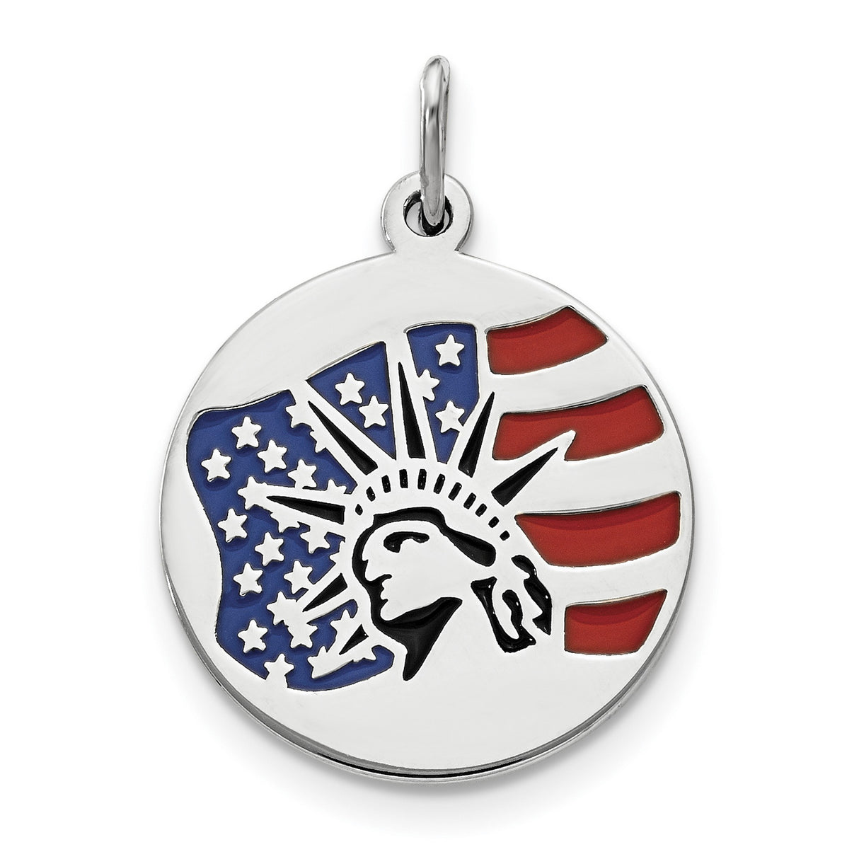 Sterling Silver Round Statue of Liberty Pendant with American Flag Design, Patriotic Charm