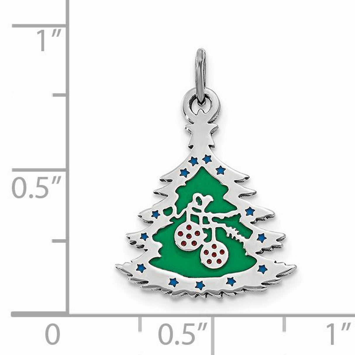 Sterling Silver Christmas Tree Pendant with Green Enamel and Red Ornament Accents