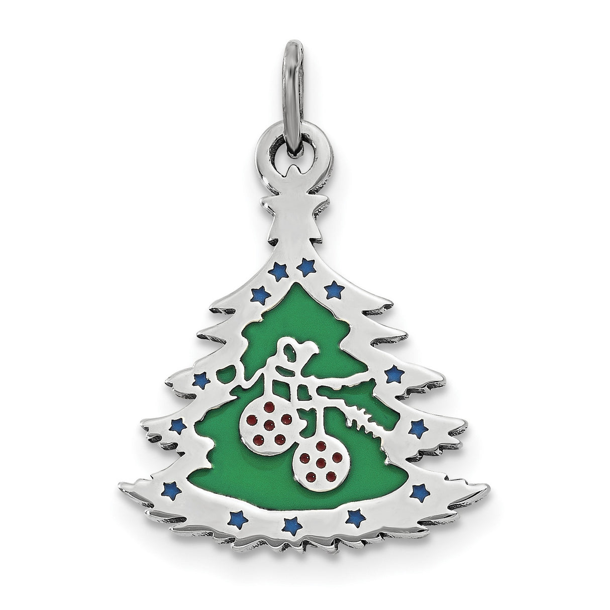 Sterling Silver Christmas Tree Pendant with Green Enamel and Red Ornament Accents