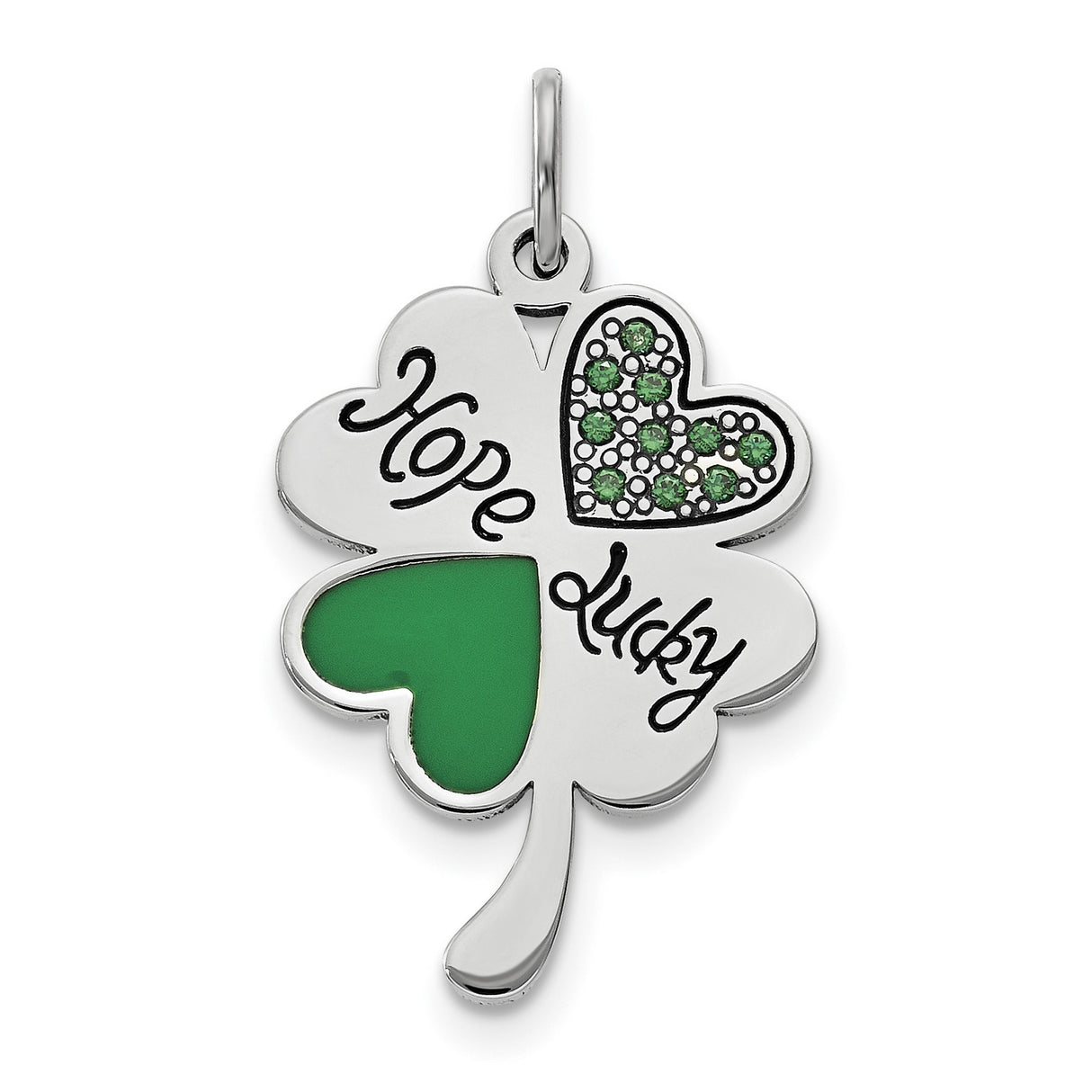Sterling Silver Shamrock Pendant with Green Heart Accents and Cubic Zirconia, Celtic Luck Symbol