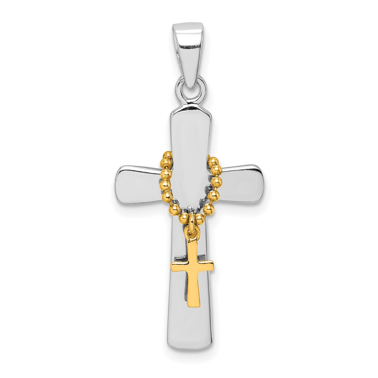 Sterling Silver Double Cross Pendant with Polished Finish, Gold Tone Accent, Religious Style