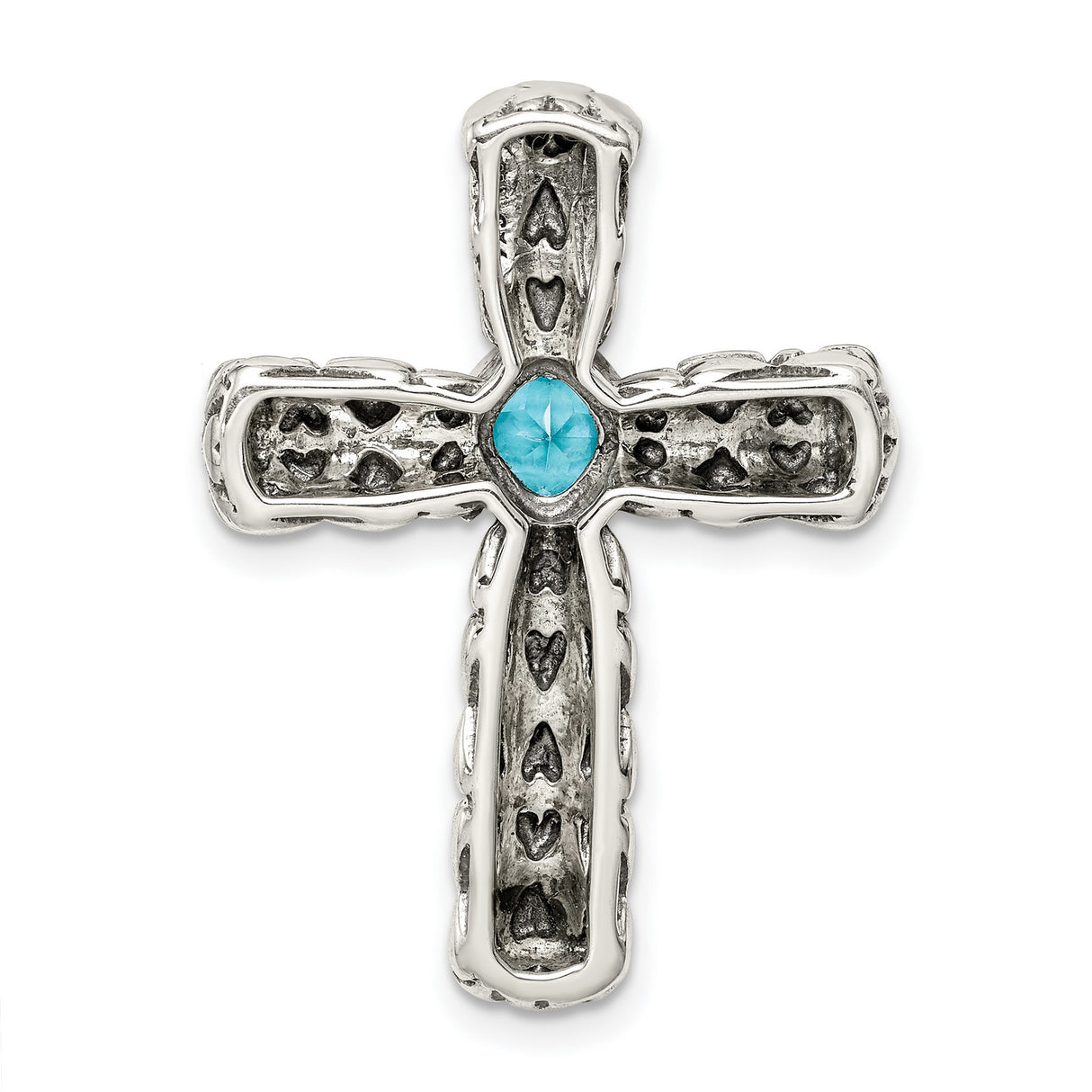 Sterling Silver Cross Pendant with Cushion Cut Cubic Zirconia, Textured Bezel Design