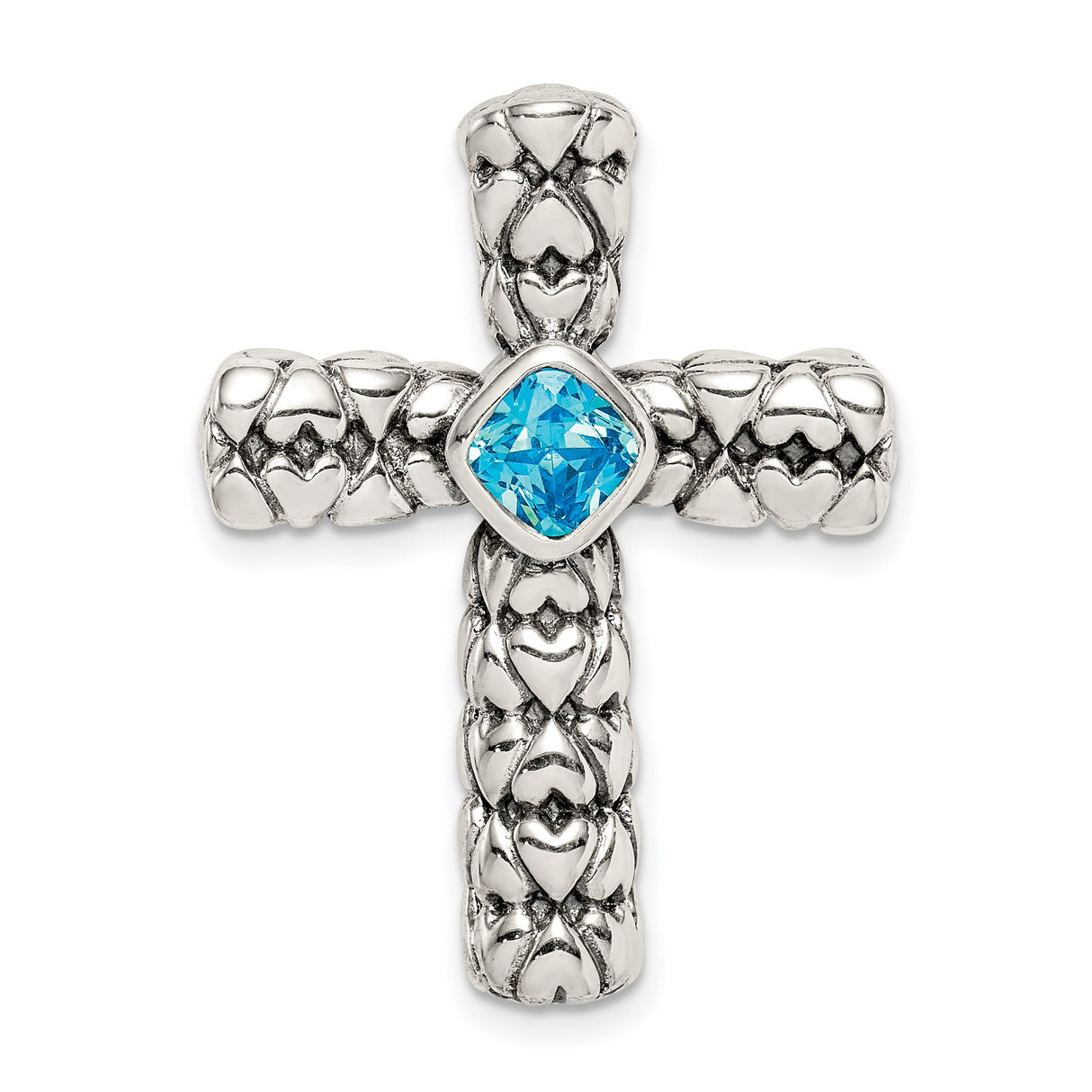 Sterling Silver Cross Pendant with Cushion Cut Cubic Zirconia, Textured Bezel Design