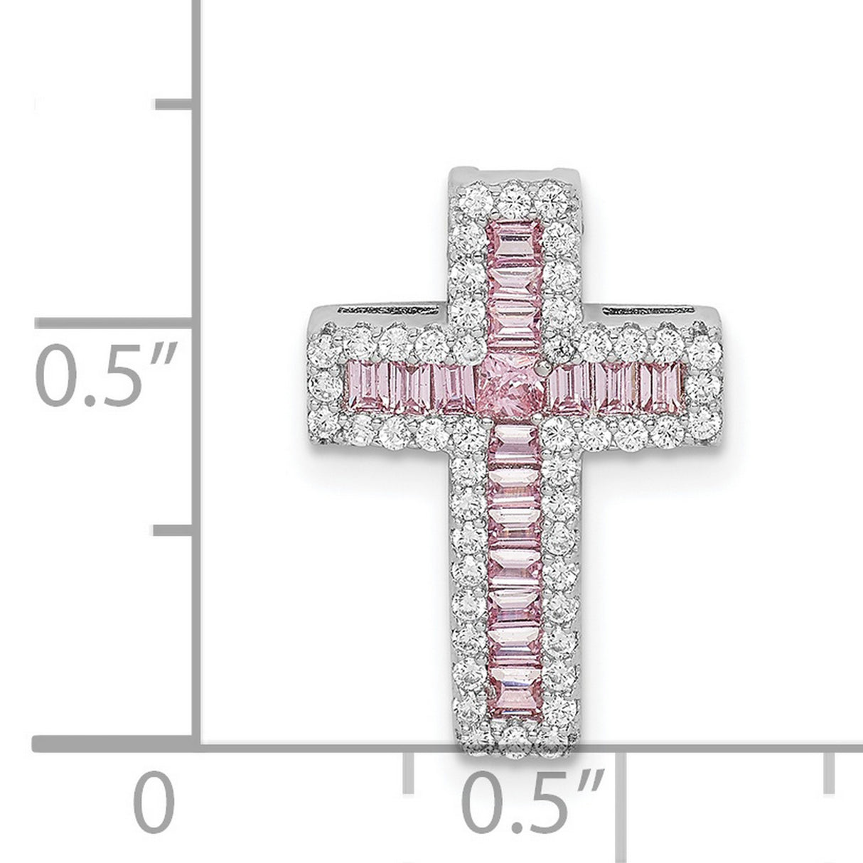 Sterling Silver Cross Pendant with Cubic Zirconia Baguette and Pink Halo, Unisex Religious Jewelry