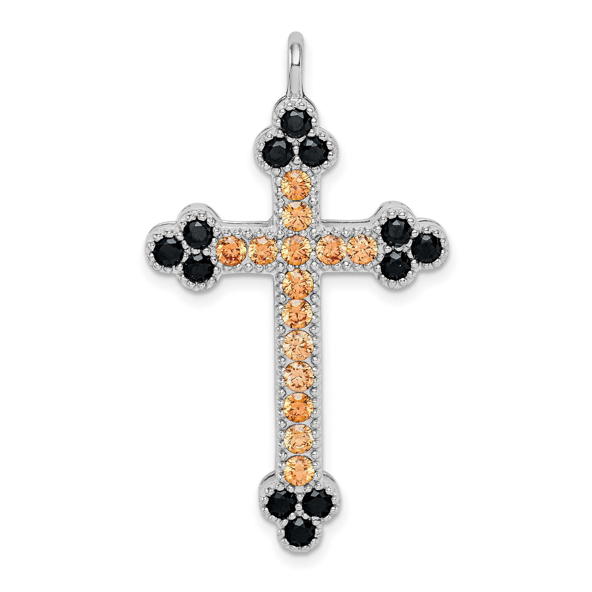 Sterling Silver Cross Pendant with Black Crystals and Textured Detail