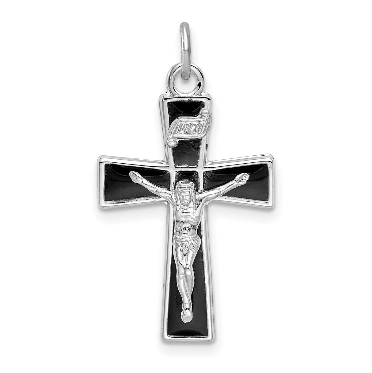 Sterling Silver Crucifix Cross Pendant with Glossy Enamel and INRI Inscription