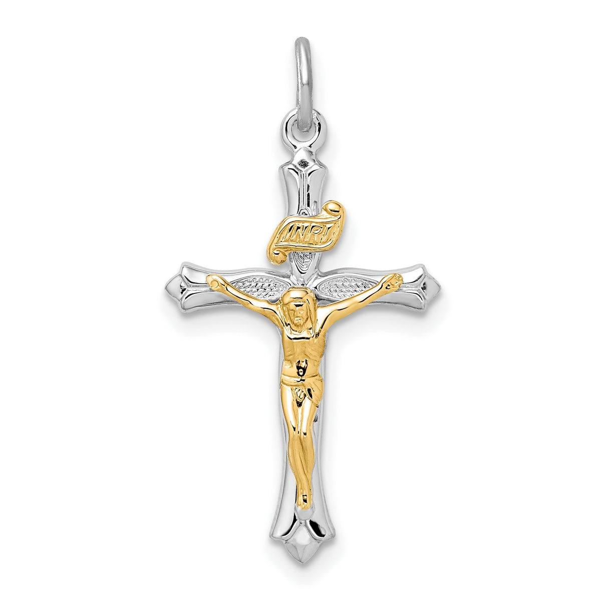 Sterling Silver Crucifix Cross Pendant with INRI Charm and Angel Accent