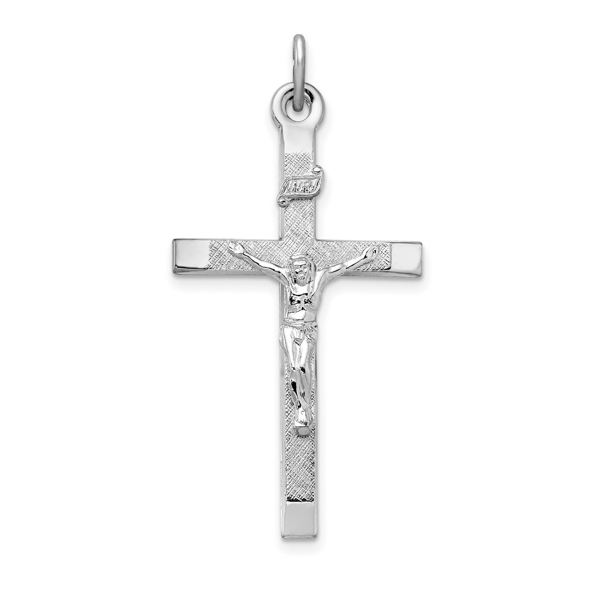 Sterling Silver Crucifix Cross Pendant with Textured Christian Design and Polished Finish
