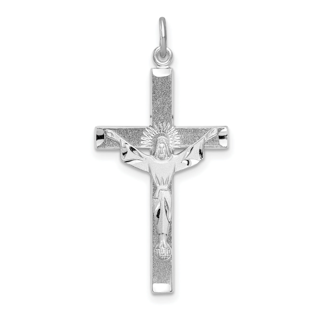 Sterling Silver Cross Pendant with Sunburst Halo and Textured Raised Jesus Design