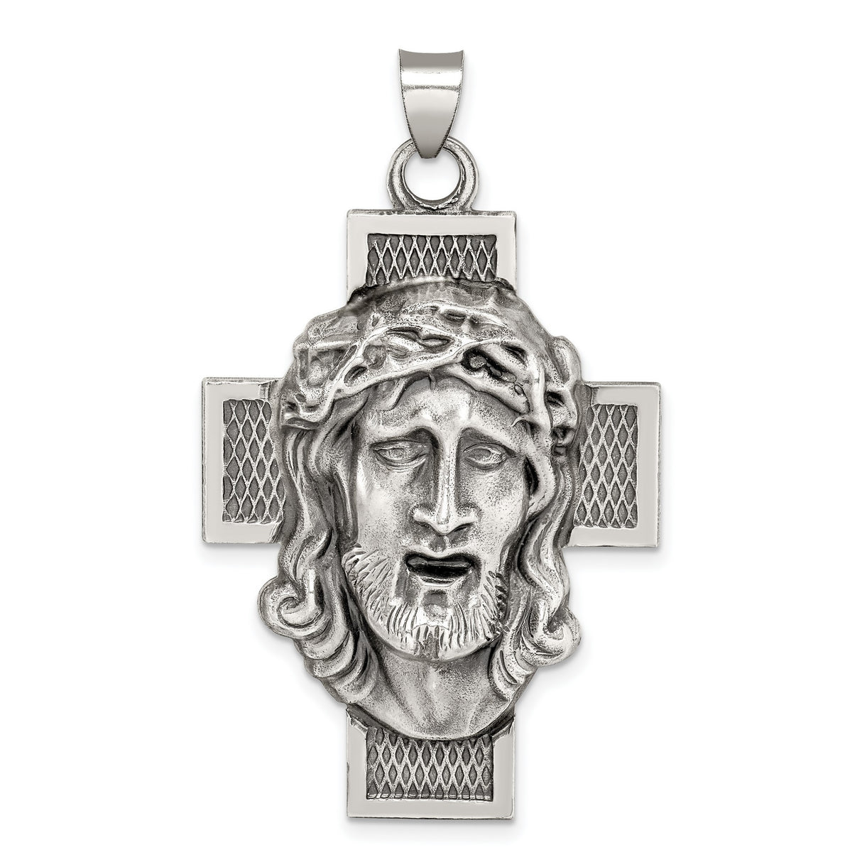Sterling Silver Antiqued Cross Pendant with High Relief Jesus and Lattice Design