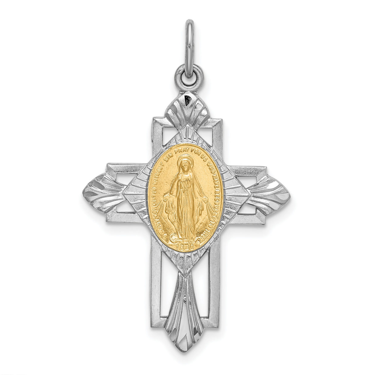 Sterling Silver Cross Pendant with Virgin Mary Medallion, Religious Catholic Charm