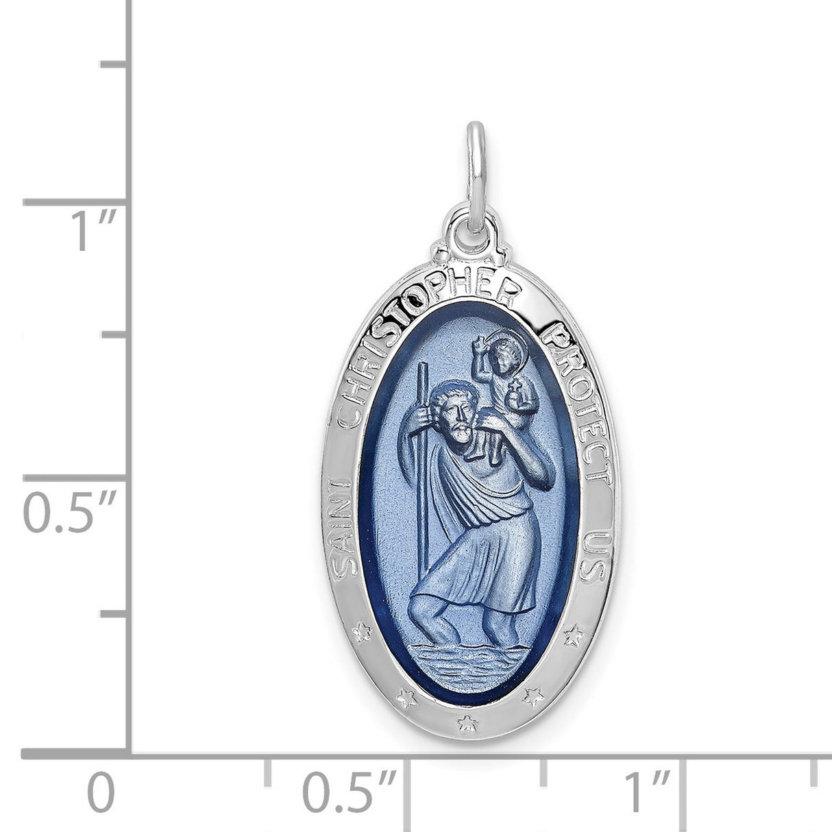 Sterling Silver Saint Christopher Oval Pendant with Blue Enamel, Religious Travel Protection Jewelry