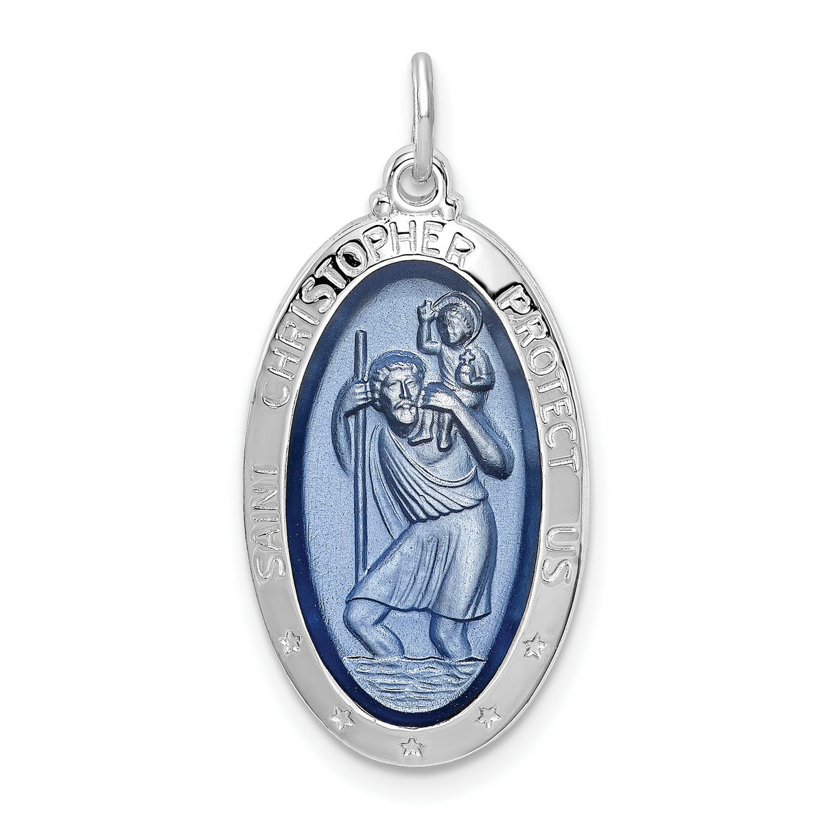 Sterling Silver Saint Christopher Oval Pendant with Blue Enamel, Religious Travel Protection Jewelry