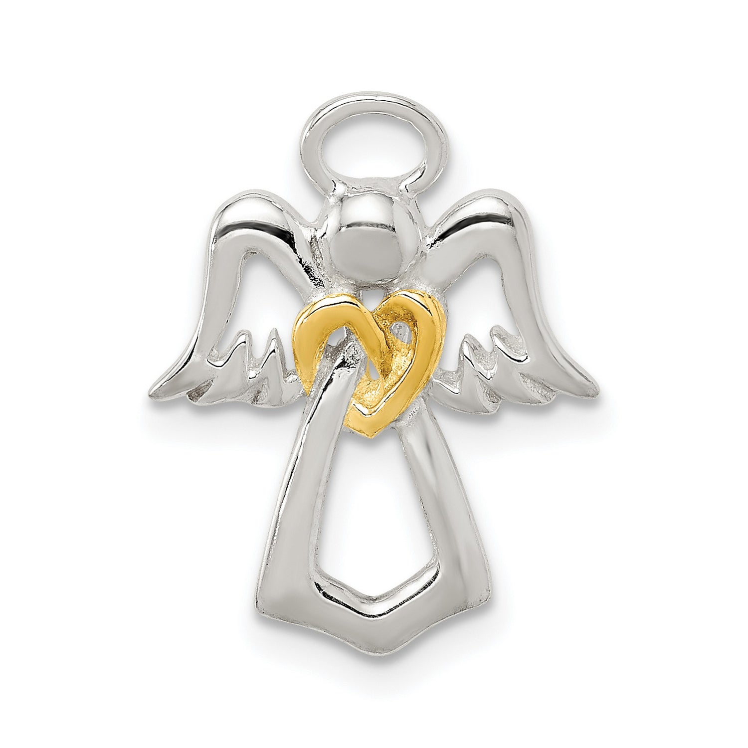 Sterling Silver Angel Pendant with Gold-Plated Heart, Symbolizing Love and Protection