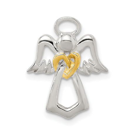 Sterling Silver Angel Pendant with Gold-Plated Heart, Symbolizing Love and Protection