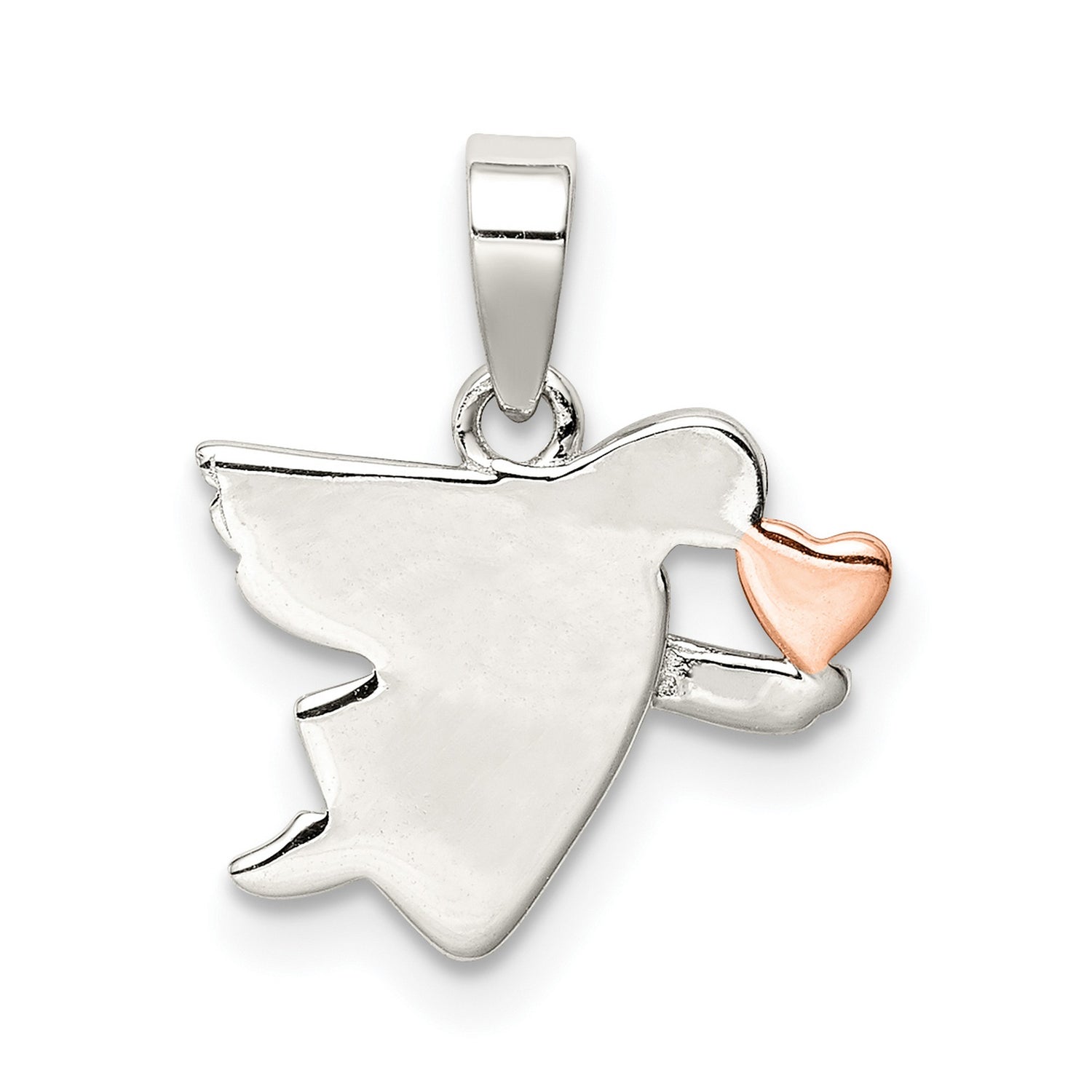 Sterling Silver Angel Pendant with Rose Gold Heart, Symbol of Love and Protection