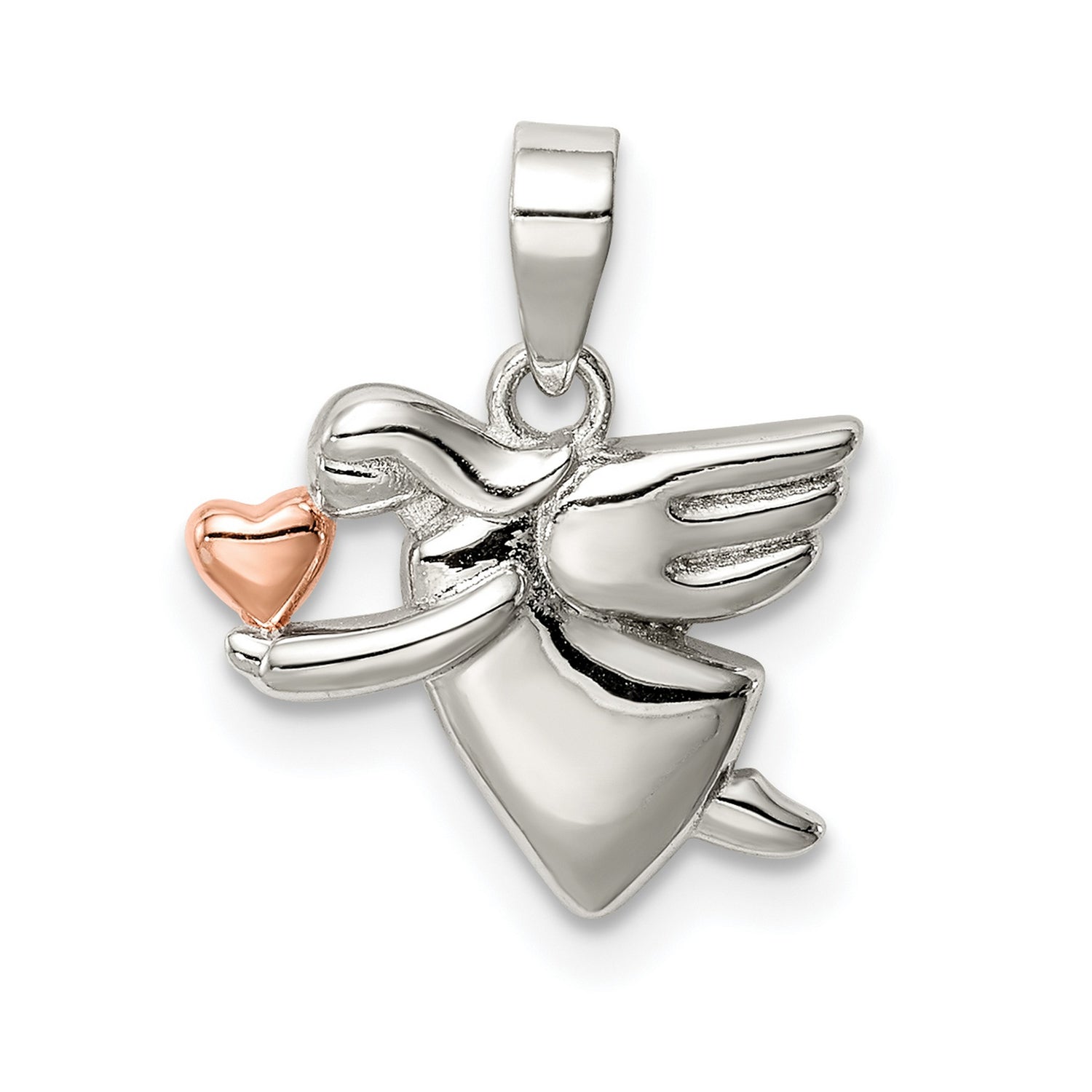 Sterling Silver Angel Pendant with Rose Gold Heart, Symbol of Love and Protection