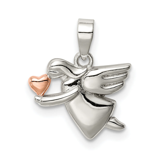 Sterling Silver Angel Pendant with Rose Gold Heart, Symbol of Love and Protection