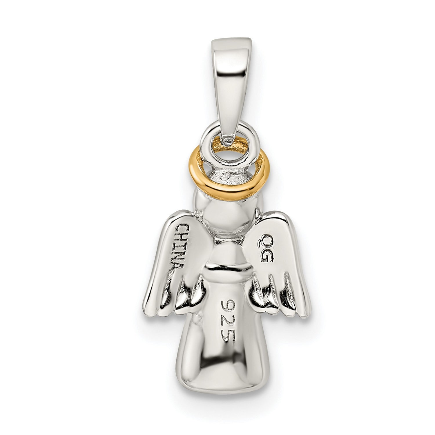 Sterling Silver Angel Pendant with Gold Plated Halo and Heart, Christian Religious Jewelry