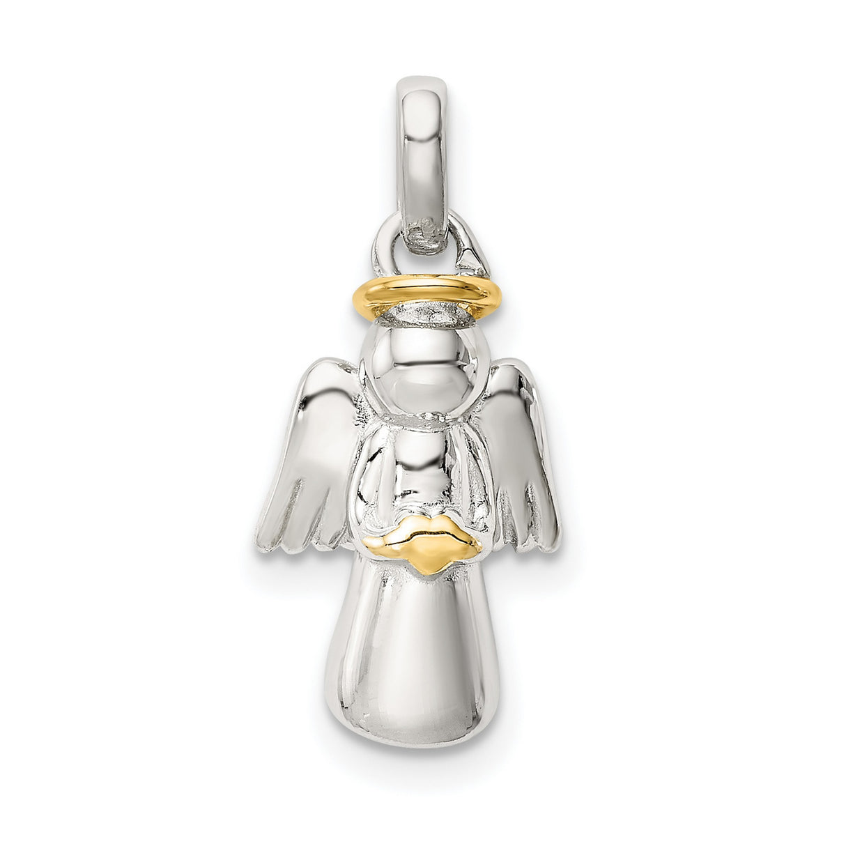 Sterling Silver Angel Pendant with Gold Plated Halo and Heart, Christian Religious Jewelry