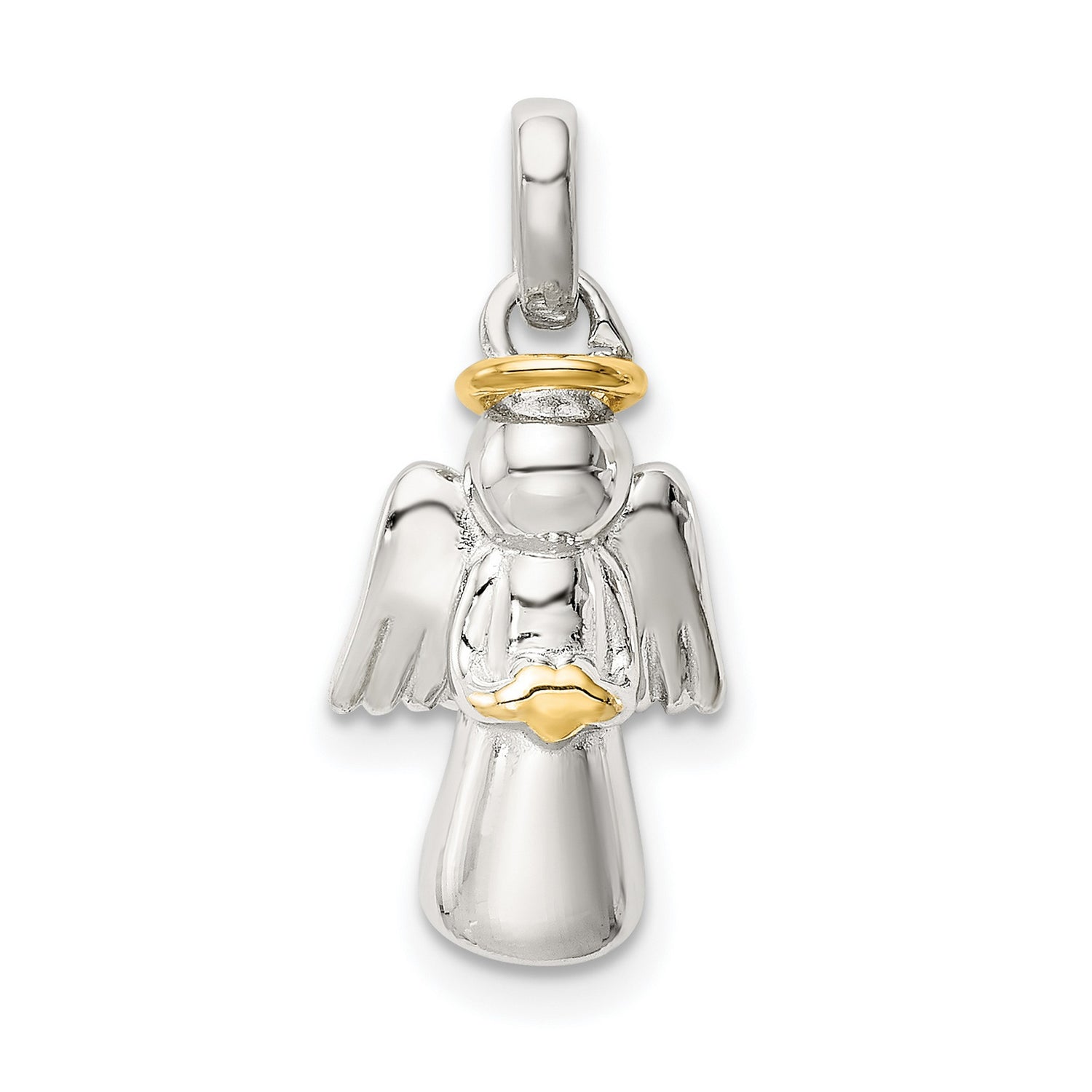 Sterling Silver Angel Pendant with Gold Plated Halo and Heart, Christian Religious Jewelry