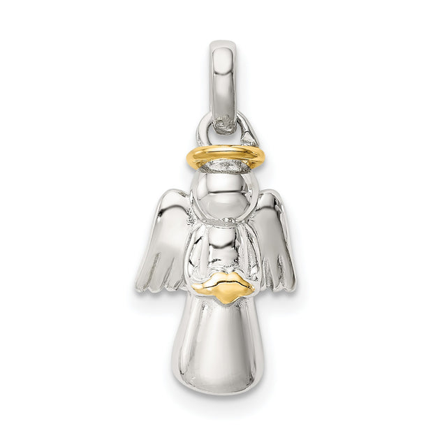 Sterling Silver Angel Pendant with Gold Plated Halo and Heart, Christian Religious Jewelry