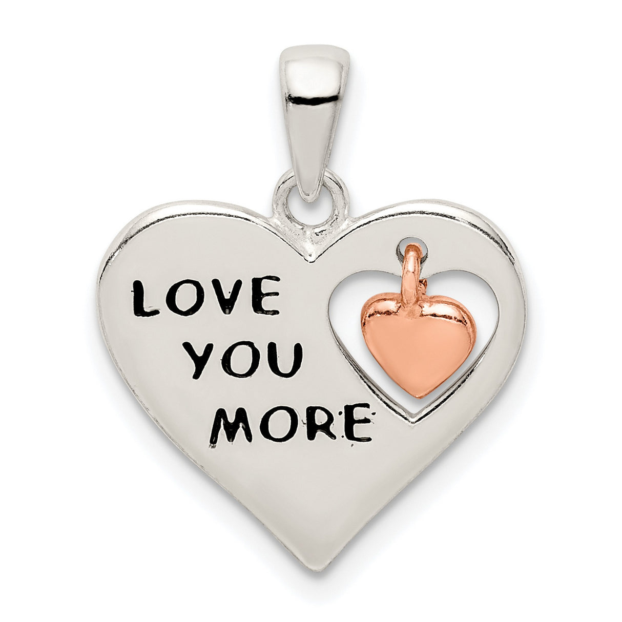 Sterling Silver Heart Pendant with Love You More Engraving, Rose Gold Accent, Romantic Jewelry