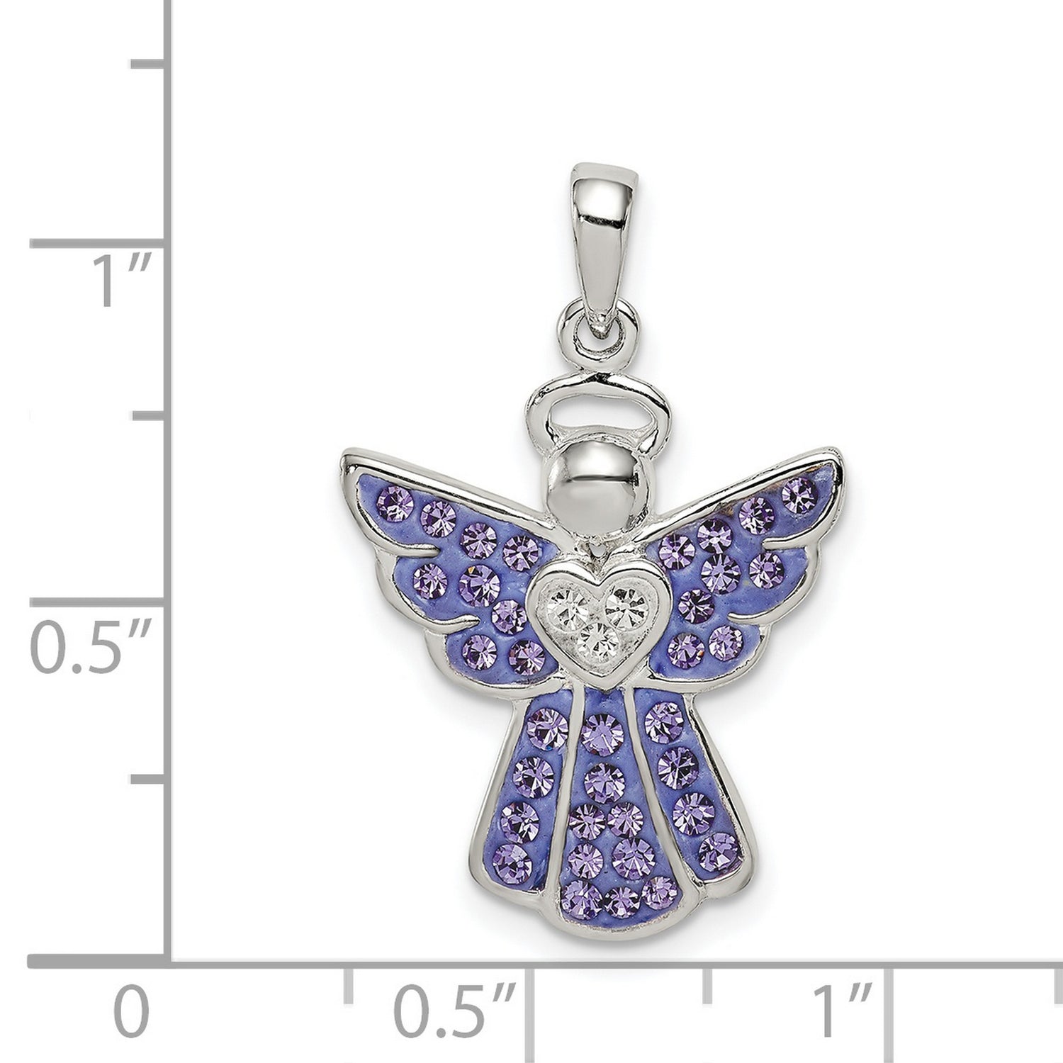 Sterling Silver Angel Pendant with Purple and Clear Crystals, Heart Centered Design for Women